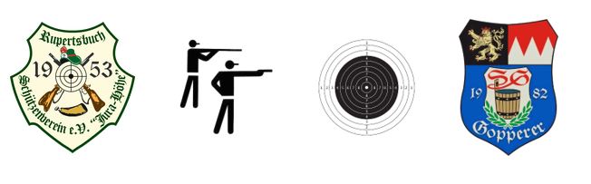 Das Bild zeigt verschiedene Elemente im Zusammenhang mit dem Schießsport, darunter Vereinsembleme, ein Schießpiktogramm und eine Zielscheibe, und betont das Thema des Schießens und des Wettbewerbs.